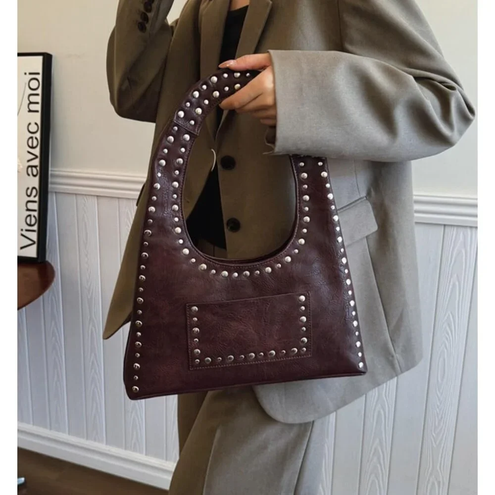 PU Leather Hobo Bag Women Black Trendy Studded Shoulder Purse